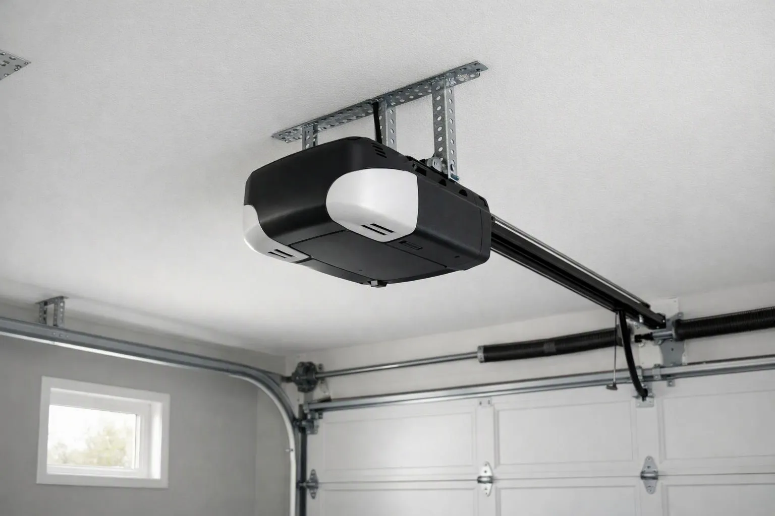 Ceiling-mounted garage door opener with rail and trolley