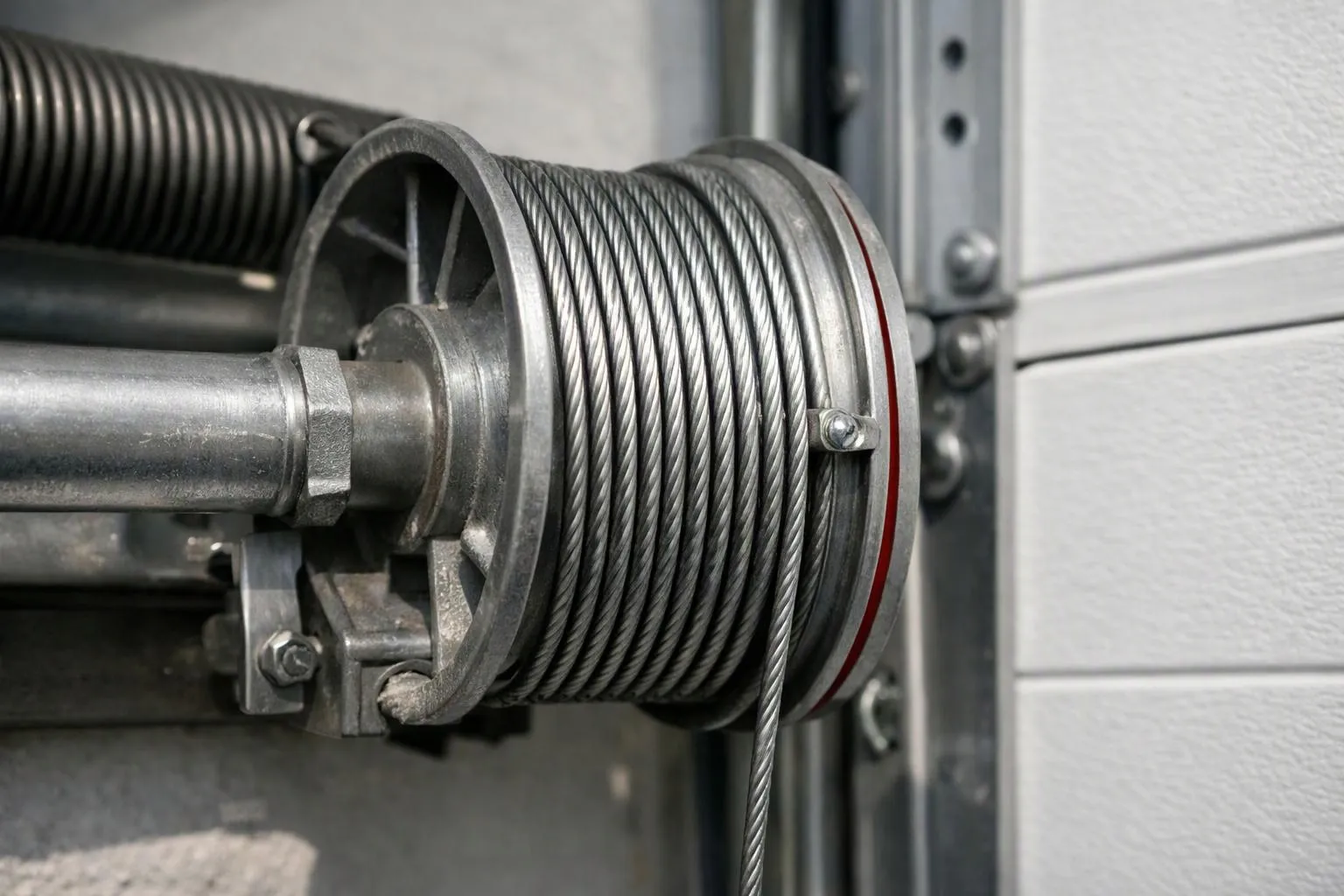 Garage door lift cable on a drum beside a sectional door in San Bernardino and Orange County, CA